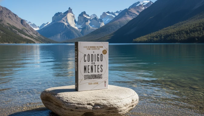 El libro abierto sobre una roca plana junto a la orilla de un lago tranquilo o un río, con montañas majestuosas al fondo y el reflejo del cielo azul claro en el agua. Las páginas del libro están ligeramente ondeadas por una suave brisa, y la escena evoca paz, claridad mental y la grandeza de alcanzar metas elevadas a través de la sabiduría del libro. Luz natural diurna, colores serenos y orgánicos, con una sensación de inmensidad y descubrimiento