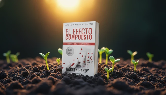 Una fotografía macro ultra-realista de una sola semilla vibrante brotando de tierra rica, con 'El Efecto Compuesto' descansando ligeramente desenfocado en el fondo, implicando que es la guía para este crecimiento. Alrededor de la semilla, se ven algunos pequeños brotes verdes, representando el progreso inicial. La iluminación es brillante y natural, sugiriendo esperanza y potencial