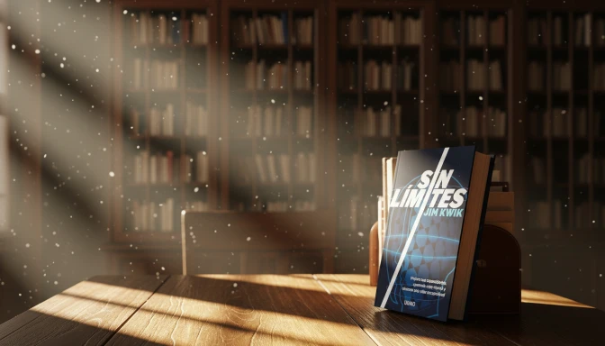 el libro 'Sin Límites' abierto frente a él en una biblioteca con estanterías llenas. Pequeñas chispas de luz azul y blanca irradian desde las páginas del libro, sugiriendo nuevas ideas y conocimiento fluyendo. El ambiente es vibrante y lleno de energía. Fotografía ultra-realista con iluminación cálida. necesito un plano del libro mas cercano