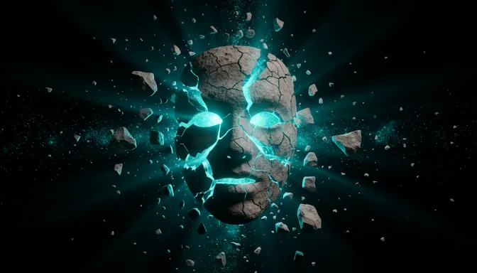 Arte digital surrealista de una máscara de piedra rompiéndose bajo una luz turquesa vibrante, representando el acto de desmantelar la creencia limitante de 'no ser suficiente' para alcanzar una autoestima inquebrantable.