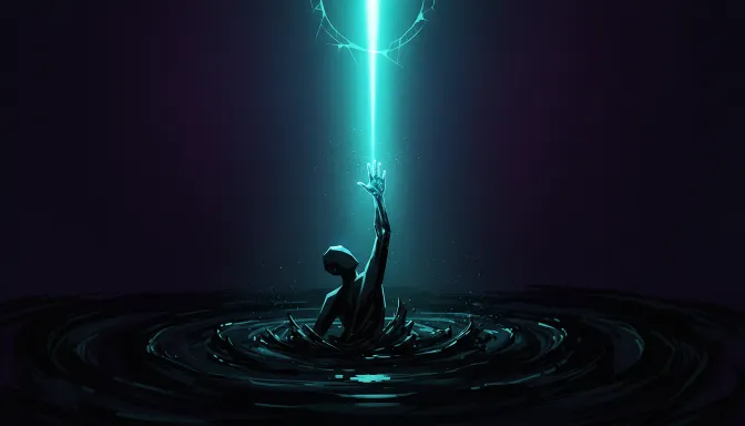 Una impactante composición surrealista en negro y turquesa que simboliza la lucha interna contra la creencia de que 'Creo que debo trabajar duro y sufrir para merecer el éxito', mostrando a una persona escapando de la trampa del agotamiento hacia la libertad visual.