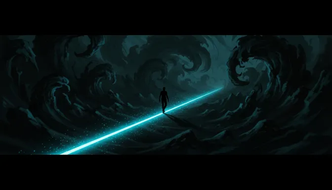 Una representación artística y surrealista de una figura caminando con serenidad sobre una línea de luz turquesa constante, dejando atrás un mar de picos oscuros y caóticos, simbolizando la disciplina para mantener rutinas diarias que generen felicidad.