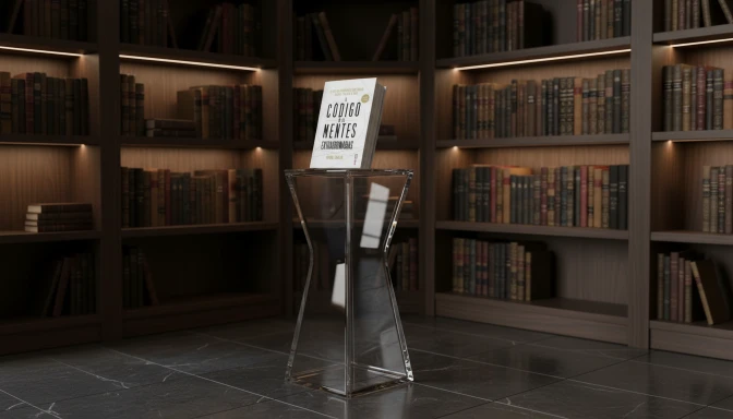 A private luxury library with dark matte-finish walnut shelving, integrated warm LED strip lighting, a sleek glass pedestal in the foreground, soft focus on leather-bound books in the background, dramatic chiaroscuro lighting, sharp focus on the foreground textures, professional studio lighting, sophisticated atmosphere