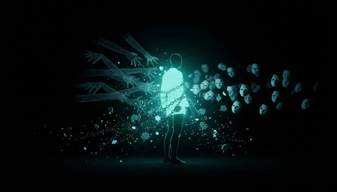 Una impactante imagen surrealista de una persona rompiendo cadenas hechas de susurros y sombras, representando la superación del miedo al qué dirán bajo una luz turquesa cinematográfica sobre un fondo negro profundo.