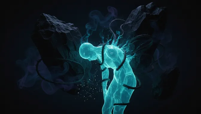 Una composición artística y surrealista que muestra a una figura de luz atrapada por piedras oscuras, representando visualmente el peso de los rencores y heridas del pasado que me roban energía sobre un fondo negro profundo.