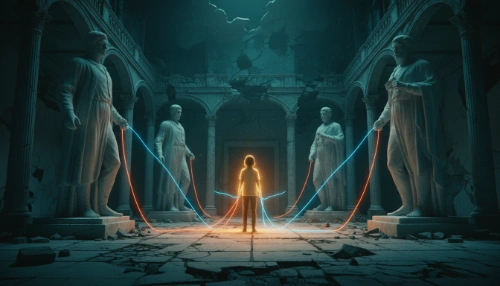 Una impactante imagen surrealista que representa el conflicto emocional de alguien que dice 'Tengo miedo de cuestionar las tradiciones de mi familia', mostrando a un joven que brilla con luz propia frente a pesadas estatuas ancestrales de piedra.