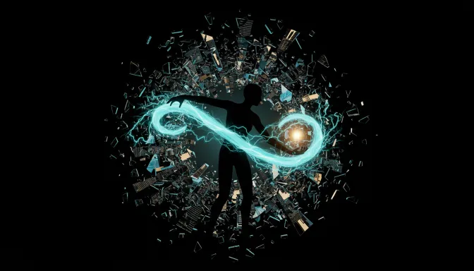 Una composición artística y surrealista que simboliza el proceso de sanación para quien dice «Vivo con una ansiedad constante y estrés por el futuro», mostrando una figura que doblega la realidad fragmentada para encontrar equilibrio y paz.