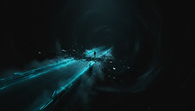 Una metáfora visual surrealista de un puente de luz turquesa que se desintegra en un vacío negro, ilustrando la frustración del pensamiento 'Abandono mis proyectos a los pocos días' ante la ausencia de resultados inmediatos.