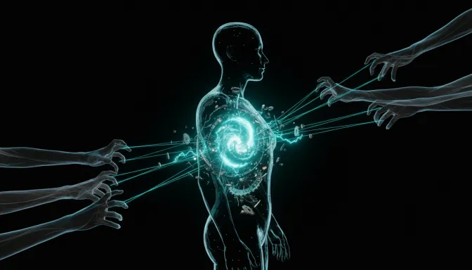 Una impactante metáfora visual sobre la dificultad de hacer varias cosas a la vez, mostrando una silueta humana fragmentada por hilos de luz turquesa sobre un fondo negro profundo, representando el agotamiento mental y la falta de enfoque.