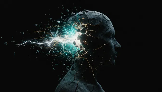 Imagen artística y surrealista que simboliza la superación de la inseguridad sobre mi capacidad intelectual, mostrando un busto de piedra oscura rompiéndose para liberar una luz turquesa vibrante y redes neuronales doradas.