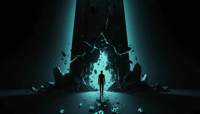 Una composición artística surrealista que muestra a una figura frente a un muro gigante de sombras oscuras, simbolizando el agobio de quien piensa 'Procrastino constantemente', iluminada por un pequeño y brillante sendero de cristales turquesa que representan los pasos pequeños hacia la solución.