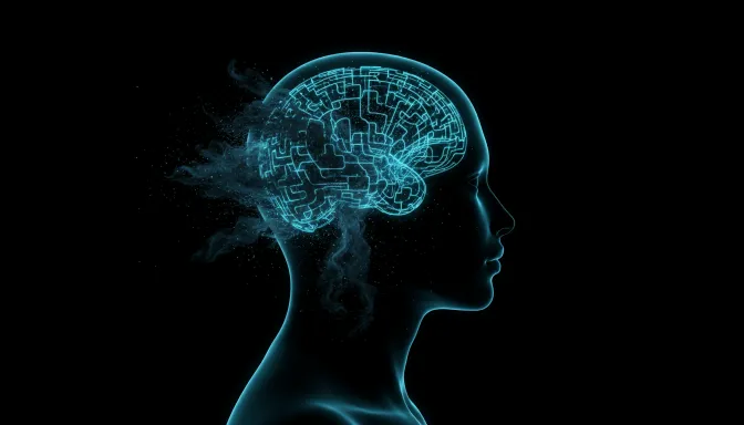 Una composición artística surrealista que muestra una mente hecha de circuitos turquesa desvaneciéndose en la oscuridad, capturando visualmente la preocupación de 'siento que mi memoria se está atrofiando' y el proceso de recuperar la agilidad mental.