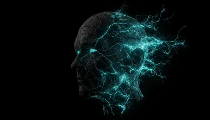 Una impactante composición surrealista de redes neuronales turquesas rompiendo una superficie de piedra que simboliza la capacidad del cerebro para cambiar, superando el mito de soy demasiado mayor para aprender.