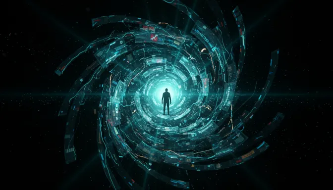 Imagen artística y surrealista de una silueta humana frente a un torbellino de datos digitales en tonos turquesa y negro, simbolizando la sensación de saturación mental cuando un lector piensa: soy incapaz de procesar toda la información que recibo a diario.